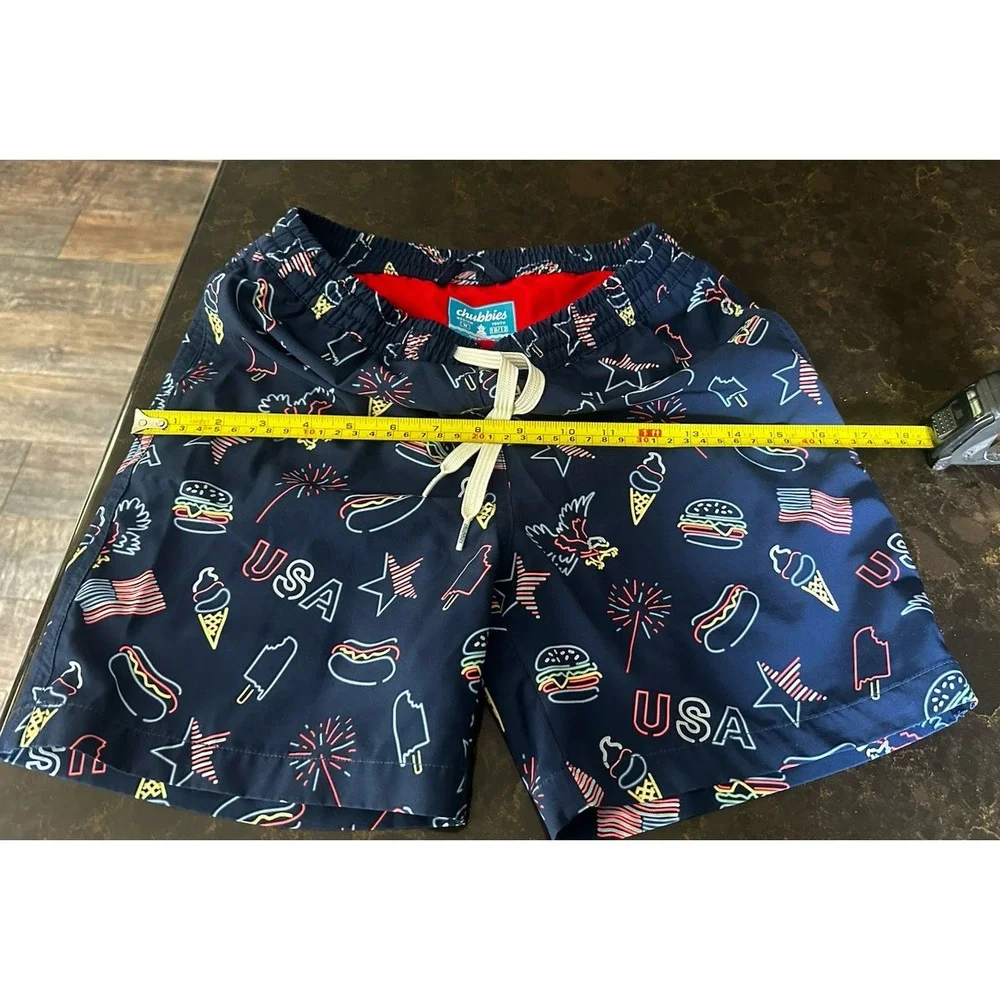 Chubbies Youth Swim Trunks Medium 10/12 USA Neon Hot Dog Burger Navy Blue Liner